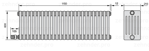 Схема (чертеж) Радиатор Zehnder Charleston 6060/25 №V004 Белый глянцевый RAL 9016